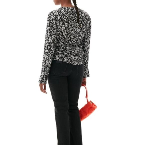 GANNI Printed Crepe O-neck Blouse Floral-print Black White Size 34 US 2 XS - Picture 3 of 8